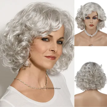 Къса Сребристо-сиво естествени къдрава изкуствена коса със Средна Дължина, къдрави перуки с бретон, Баба перука за по-възрастни дами, всекидневен костюм