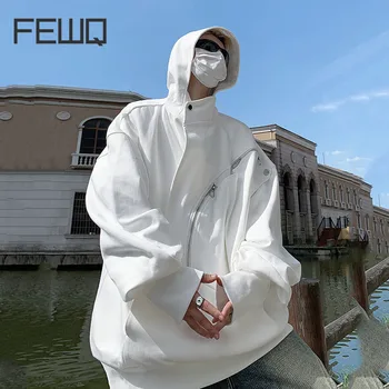Мъжки hoody FEWQ с качулка без ръкав, Модерен случайни пуловер 2023, монофонични дизайн с цип, улични мъжки блузи, есен