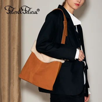 Марка FELIX & FELICIA Модни Дамски обувки от естествена кожа и вълна агнешко месо, Новите чанти през рамо дамски чанти-месинджър в стил ретро-кофа