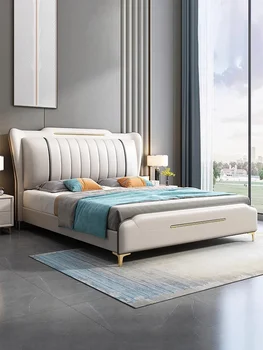 Модерна проста кожена легло за съхранение на неща, двойно легло, основна спалня, голямо легло, лесно лукс