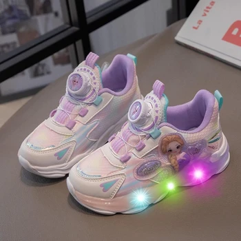 Обувки за момичета, нови детски Кожени маратонки с въртящи се бутони, светеща led светлини, спортни обувки с мека подметка, футболни обувки за деца, обувки за деца