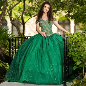 Луксозно Зелена Бална Рокля Quinceanera До 2024, Расшитое Златни Мъниста И Пайети, XV Princess Vestidos De 15 Años Birthday Sweet 16 Dress New