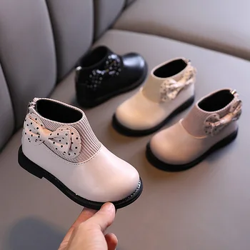 Детски памучни обувки, зимни обувки за момичета, детски кожени обувки с мека подметка, бебешки плюшени къси ботуши с хубав нос, безплатна доставка