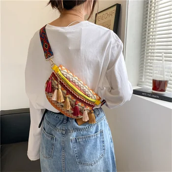 Дамски поясная чанта в етнически стил с регулируема каишка, поясная чанта пъстри цветове с ресни, модни отличителни чанта през рамо