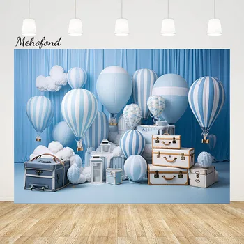 Фон за снимки Mehofond Синьо момче с въздушно топка, парти по случай рождения ден на детето, багаж, куфар, на фона на приключения, фотографско студио за торта