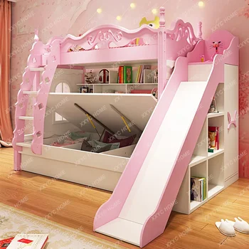 Двуетажно легло Момиче Princess Castle Висока Ниска Розова Универсална Стълба Място за съхранение на Анимационни мебели за спалня Дървено легло