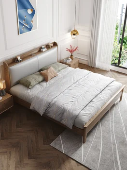 Легло за съхранение в скандинавски стил от масивна дървесина, бяло восъчни дърво, модерна минималистичная мека облегалка, диван от естествена кожа, малък размер на 1,8 м