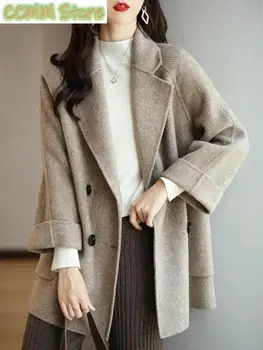 2023 Ново палто дамско зимно яке, модни двухрядные копчета с ревери, свободни топли тренчи за дамски дрехи, блузи от смесовой вълна