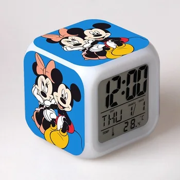 Детски будилник Disney с Мики и Мини маус, Cartoony Цветен Електронен квадратен alarm clock, което променя цвета си, Креативен подарък за рожден ден