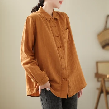 2023 Ново записване, Есенен дамски блуза свободно намаляване с отложным яка и дълги ръкави, джобове, Двубортные ежедневни ризи в стил мозайка, V526