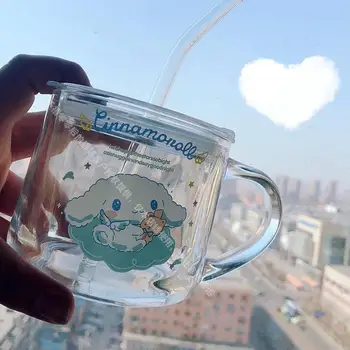 Kawai Аниме Sanrio Hello Kitty Cinnamoroll Kuromi Стъклена Чаша с Соломинкой Сладък Карикатура Креативен Подарък Девчачье Сърце Играчки за Момичета