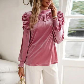 Елегантна кадифе блуза 2023, есенно-зимна обикновена блузи с дълъг ръкав, дамски модни вечерни блуза с кръгло деколте и превръзка, розови офис ризи