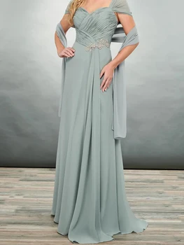 Елегантна рокля за майката на булката трапецовидна форма, с обвивка от шифон, мъниста в гърба, официално парти, сватба, лято 2023