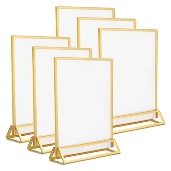 Държач за надписи от 6 теми, прозрачен акрил Със златни рамки И вертикална стойка, двустранна настолни поставки за сватба