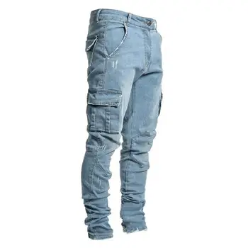 Нови мъжки дънки с выстиранными вложки, монофонични деним с много джобове, дънки-карго със средна талия, големи размери, модерен ежедневни панталони, мъжки ежедневни облекла