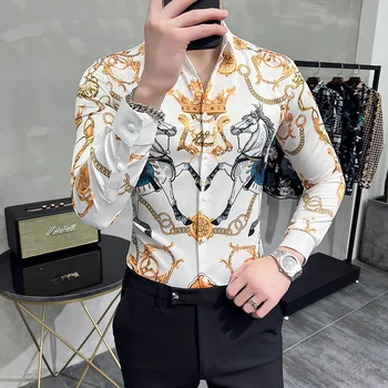 Пролетно-летни мъжки тънка луксозна социална риза с цифрово принтом личност, риза с дълъг ръкав, мъжки клубна риза, размер M-4XL