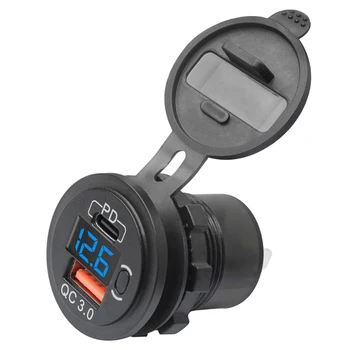 USB-изход 12 v-24-48 W, Водоустойчив конектор за зарядно устройство, порт USB PD и QC3.0 с led напрежение за лек автомобил, колички за голф, синьо