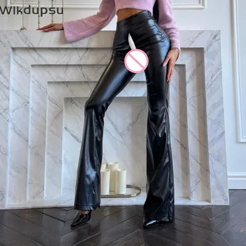 Секси дамски панталони от изкуствена кожа с висока талия, разкроена Тесни панталони от изкуствена кожа, дамски дрехи за секс на открито с обков-ципове в перинеума