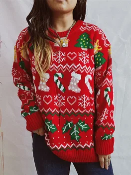 Жена сладък забавен грозен коледен пуловер, чорапи с снежинками, празничен вязаный пуловер пуловер