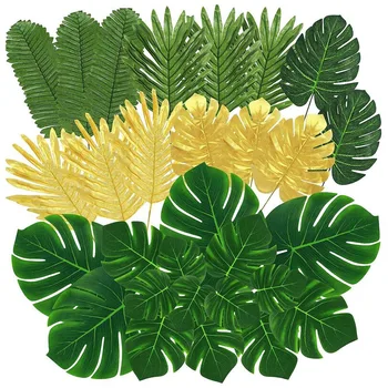 100 броя изкуствени палмови листа, тропически листа, златни листа и зелени изкуствени листа За украса на масата на хавайски парти
