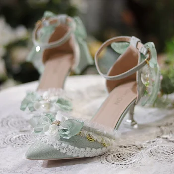Френска Реколта Обувки За Момичета Cosplay Елегантният Дворец на Чай Зелен Завързана Цвете Перли Лък Генитални Сандали, Обувки На Висок Ток 7 cm