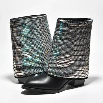Украсени с кристали Обърнати Обувки С Остри пръсти, Дамски Обувки, без закопчалка На Високо масивна ток, Новата Мода за Подиум 2023, Zapatos Para Mujere