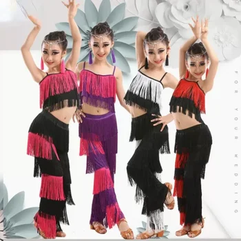 Рокля за латино танци, Бална костюм Самба с ресни за момичета, детски танцова Салса, Танго, Народни стандартни костюми за състезания, Спортни костюми