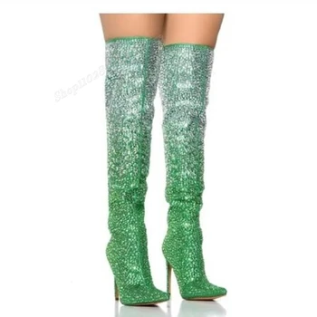 Ботфорты над коляното с украса във вид на кристали Зелен цвят на висок ток-висок ток С остър пръсти; Елегантно Пикантен Дамски обувки 2024 г.; Zapatos Para Mujere