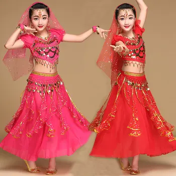 Нов детски танцов костюм от Боливуд за момичета Танц на корема, Индийското сари, топ за момичета, шапки, завеси, колан, поли, монета, сценичното представяне