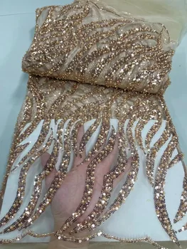 Африкански Класическа Златна перлена дантела с ръчно изработени с пайети, тюлевая плат с висококачествена Френска плат с мъниста за шивашки сватбени рокли за рожден ден
