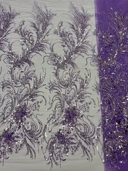 Висококачествена лейси тъкани от тюл с мъниста за шиене ZH-1308502, Африканските Нигерийски сватбена рокля с бродерия