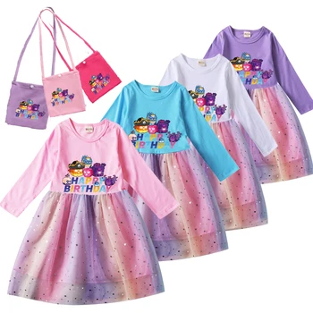 Есенни рокли за малки момичета Детски дрехи Blox Fruits Кралят костюм за cosplay Дантелено принцеса рокля с дълъг ръкав за малки момичета и чанта