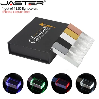 JASTER Crystal LED (1 от 4 цвята) на USB флаш памет от 128 GB с безплатен потребителски логото на Memory Stick 64 GB Подарък кутия пръчка 32 GB 16 GB 4 GB