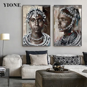 Африканска жена, стенно изкуство, печат върху платно, Черна художествена портретна живопис в рамка, Ретро абстрактен плакат с изображение, за всекидневната, преминават
