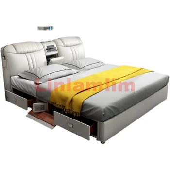 Linlamlim Tech-Умен, богат на функции Легло от Естествена Кожа Ultimate Camas Tatami с подсветка, Масаж, Шрайбпроектор, Почистване на въздуха, Високоговорител