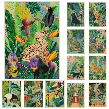Тропическа цветна момиче Автомобил Цвете Коала Леопард Постери на филми Стенно изкуство Ретро плакати за дома Естетическо изкуство Стенни живопис