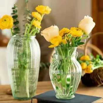 Прозрачна стъклена ваза с голямо гърло във френски стил за декорация на дома, настолна аранжировка от сухи цветя
