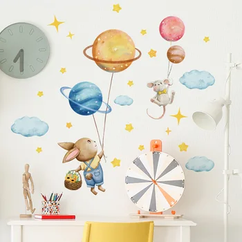 Стикери за стена с мультяшными животни, планети, облаците и зайчиком за украса на детска стая - Самозалепващи рисунки по стените