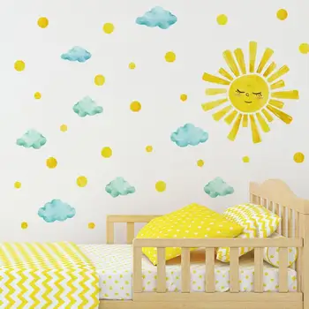 Стикери за стена със Слънцето и облаците, Почистете и залепете Сменяеми декоративни стикери за детска стая 