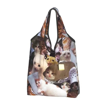 Плачущий котка Меми Чанта за пазаруване с продукти за Дамска чанта Kawaii Animal Клиент през рамо Чанта с голям капацитет