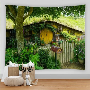 Декор горски пейзаж, Прозорец гоблен, монтиран на стената Селски дървена къща, на Гоблен от полиэстеровой тъкан, Начало декор, Килими, одеала