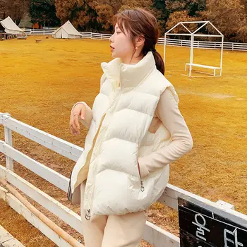 2023 Есенно-зимния нов дамски жилетка в бяло утином топола, яке без ръкави, однотонное ежедневното палто, холщовая плат с яка-часова, B336