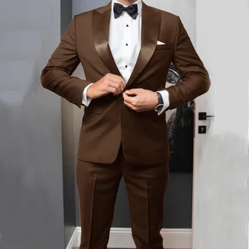 Модерен мъжки сватбен комплект (топ + панталони), сатен, ревера на 1 бутон, комплект от 2 теми, мъжко облекло по поръчка, елегантен лукс, социален 2024