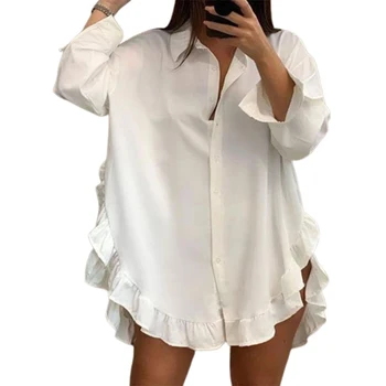 Uoozee 2023 Нова Корейската Мода Nikola, Обикновена Бели Блузи С Ревера, Пролет-Лято, Дълги Ръкави, Свободни Ежедневни Ризи За Жени