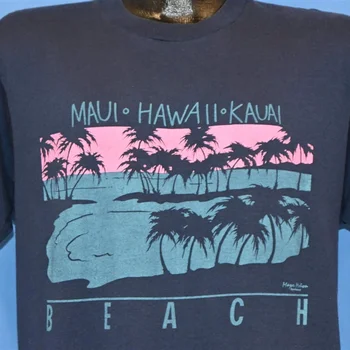 Тениска на 80-те години на Мауи, Хавай Плаж Кауаи Залез Палми Почивка на Океанските острови Голям размер