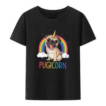 Памучен тениска Pugicorn Pug Unicorn, Тениска Pug Rainbow Unicorn, Ризи с къс ръкав, Мъжки Ежедневни Топ Y2k, Блузи с къс ръкав и стръмен принтом