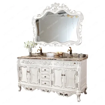 Шкаф за баня в европейски стил, Двойна мивка, настилка, Антикварен шкаф за мивка, Комбиниран шкаф за баня с дърворезба от масивно дърво