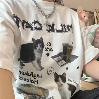 Тениска с изображение на привлекателен котка в стил Харадзюку, Лятна тениска Y2k, дамски градинска дрехи, Модерен топ, Эстетичная Евтини дамски дрехи, тениски