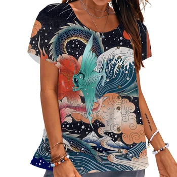 CLOOCL Реколта женска тениска с вълнообразна графика Укие-ъ, тениски с 3D принтом, копчета, блуза, с къс ръкав, летни ризи эстетичные