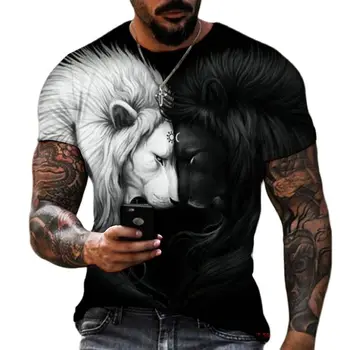 Лъвът, като се бие с животно, Звяр, Свиреп Лъв, Вълк, 3D тениска, Нова лятна мъжка тениска оверсайз с къс ръкав, черно-бял дизайн, полиестер